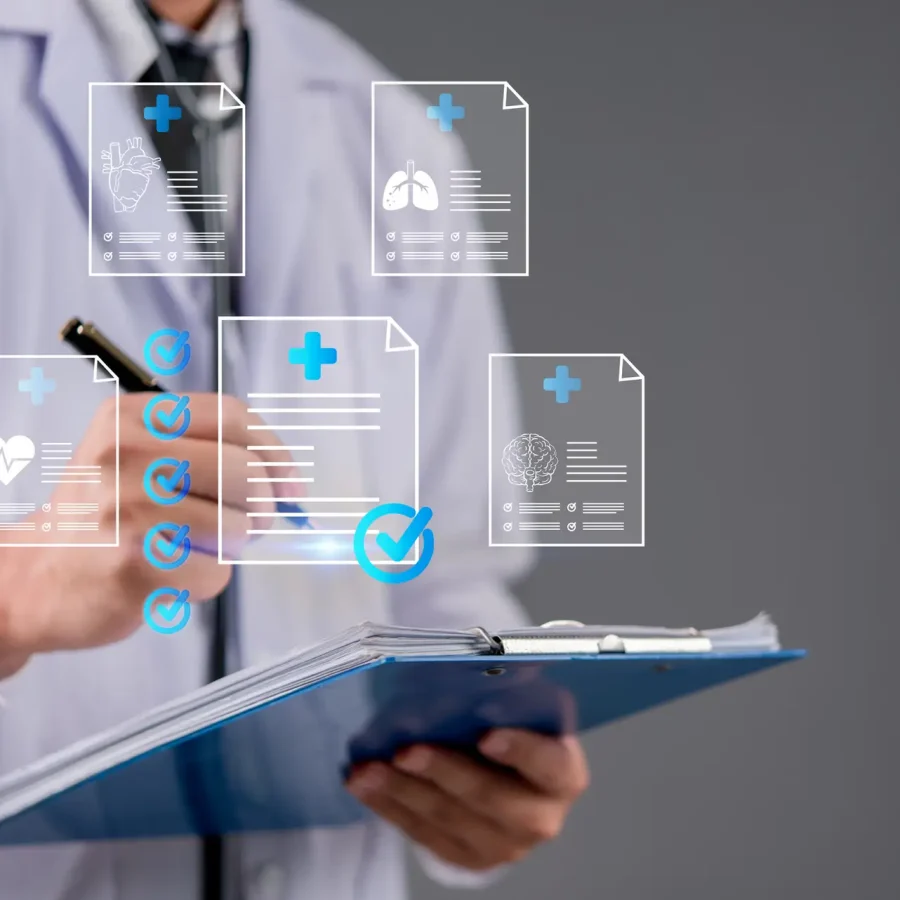 Doctor analyzing digital health patient data medical record EHR information, clinical data, checklists and organ diagnostics reports